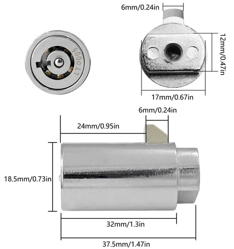 2 Pack Vending Machine Lock Set With Keyed Alike High Security Tubular Keyway Locks, zinc alloy construction, dimensions shown