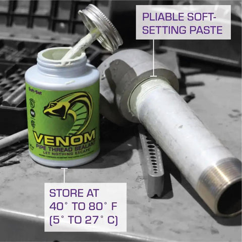Leak Free Pro Grade Pipe Thread Sealant With High Viscosity Soft Set Formula Venom VM08 open jar with visible soft-setting paste shown next to pipe