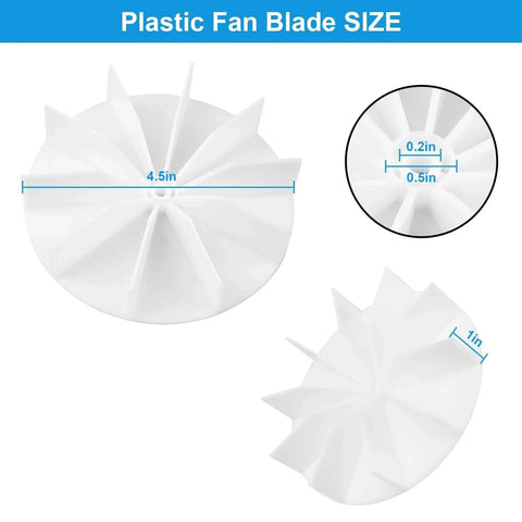 Plastic fan blade dimensions for Universal Bathroom Vent Exhaust Fan Motor Replacement Motors Kit, showing 4.5in diameter.