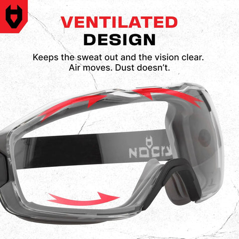 Close-up view of Over Glasses Safety Goggles Anti Fog ANSI Z87.1 with ventilated design, showing adjustable strap and panoramic lens.