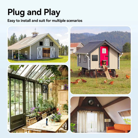 Collage showing the installation scenarios for the Shutter Exhaust Fan With Remote Control For Garage Shop Greenhouse Attic.