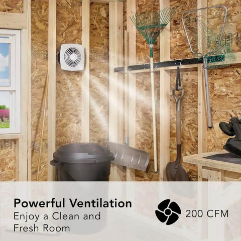Through The Wall Ventilation Fan With White Cover For Your Home Kitchen Or Garage Eight Point Five Sones 200 CFM Eight Inch Duct Size No Ducting Needed Exterior Wall Cap And Easy Wall Mount Installation Broan NuTone 509 installed in a garage.