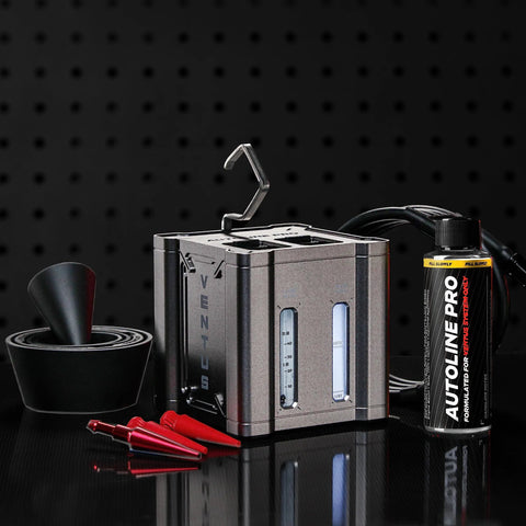 AutoLine Pro Ventus automotive smoke tester with compressor; cone cap plugs, red test leads, and Autoline Pro bottle.
