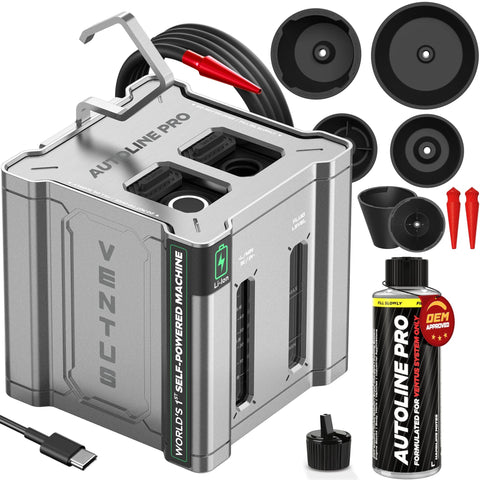 AutoLine Pro automotive leak tester kit with built-in Li-Ion battery and air compressor, includes hoses, cone plugs, and fluid bottle.