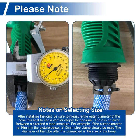 Close-up of a measuring tool on a hose with green spring band, showing diameter for Sixty Piece Spring Band Hose Clamp Set With 12mm Inner Diameter And 0.47 Inch Range For Fuel Line Water Pipe And Air Tube Applications Made From High Quality 65MN Spring Steel With Dacromet Coating For Corrosion Resistance