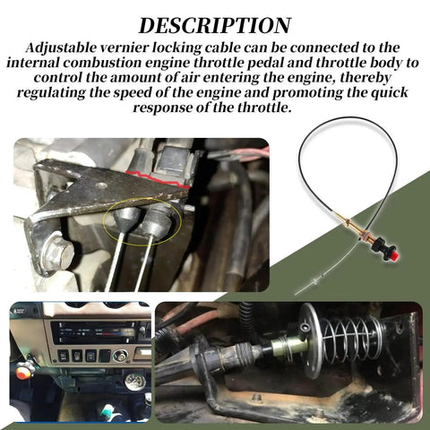 6 Ft Vernier Adjustable Locking Throttle Cable For PTO And Dump Applications with stainless core, shown in various installation scenarios.