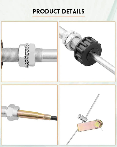 Heavy Duty Vernier Locking Throttle Cable Delivers Precise Throttle Control And Secure Locking For PTO And Dump Systems, 10 ft stainless core cable, 2 inch knob head, product components close-up.