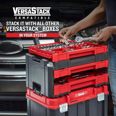 Person organizing tools in 230 Pcs Mechanics Tool Set, Socket Wrench Set, Car Tool Kit with VERSASTACK Toolbox.