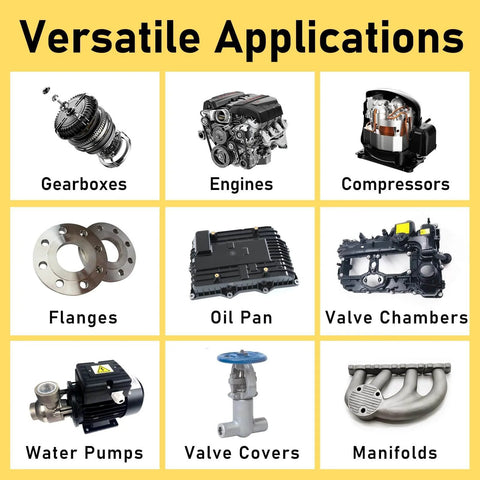 Diagram showing versatile applications of Black RTV Silicone Sealant Gasket Maker For Automotive including engines, gearboxes, and more.