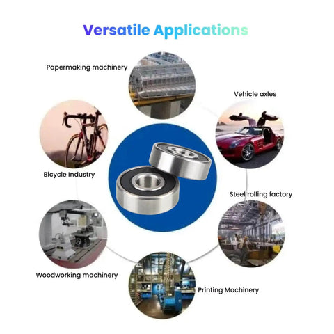 Applications of Pack of 20 608-2RS sealed 8x22x7mm deep groove ball bearings in various industries, including bicycles and vehicle axles