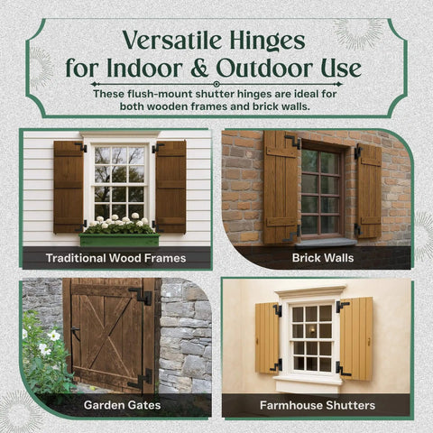 Image showing Heavy Duty Black Wrought Iron Lift Off Pintle Hinges With Colonial Reversible Pins For Doors Windows And Shutters 6.5 Inch. Featured on traditional wood frames, brick walls, garden gates, and farmhouse shutters.