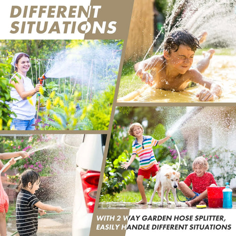 People using garden hoses with a 2-way splitter in different situations, young woman watering plants, children playing with water.