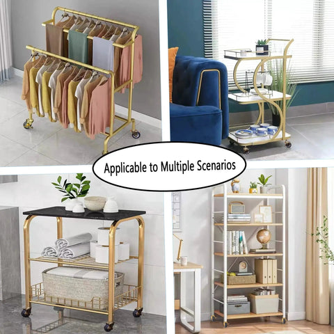 Collage showing gold carts with shelves and casters for clothing, towels, decor, and books, illustrating versatility.