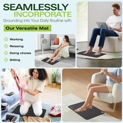 People using Copper Grounding Rod Kit with 24x16 inch conductive mat for working, relaxing, and chores in various home settings.