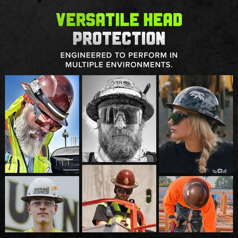 Collage of workers wearing Dax Fiber Resin Full Brim Safety Helmet With 6 Point Suspension And Comfort Dome in various environments