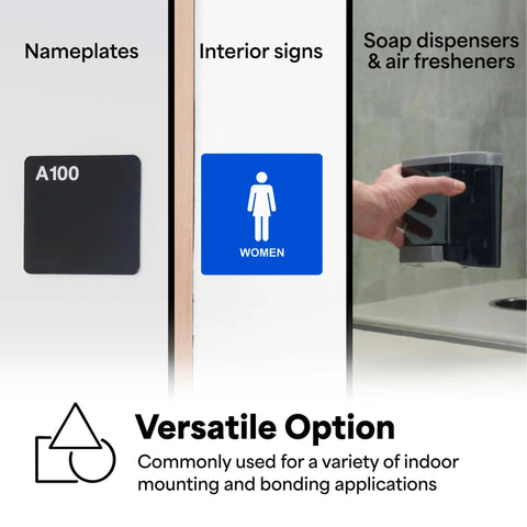 Image showing Double Sided Urethane Foam Tape With Super Sticky Acrylic Adhesive For Bonding Attaching And Mounting White 1 Inch By 5 Yard Roll Gap Filling On Textured Or Uneven Surfaces used to mount nameplates, interior signs, and soap dispensers.