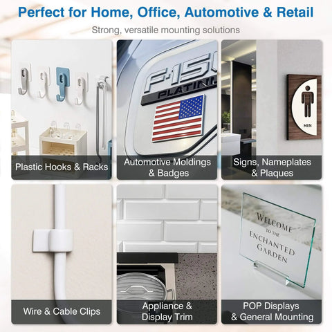 Collage showing uses of removable double sided mounting tape: plastic hooks, automotive badges, signs, wire clips, appliance trim, POP displays.