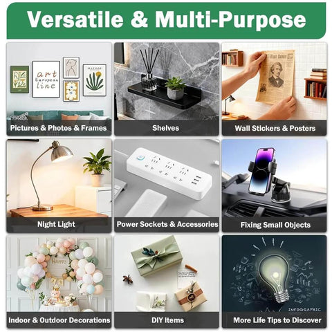 Collage showing uses of three rolls heavy duty double sided tape set with nano adhesive for home and office applications.