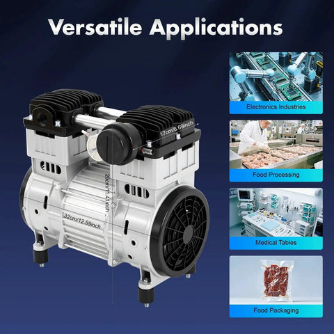 Oil Free Vacuum Pump 1100W For HVAC And Industrial Use, 8 Bar 116 PSI Oilless Diaphragm Pump with versatile applications shown