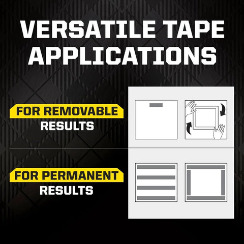 Illustration of Heavy Duty Double Sided Gel Tape For Removable Mounting Up To 20 Lbs On Metal Glass Tile Wood Brick And More showing application uses.