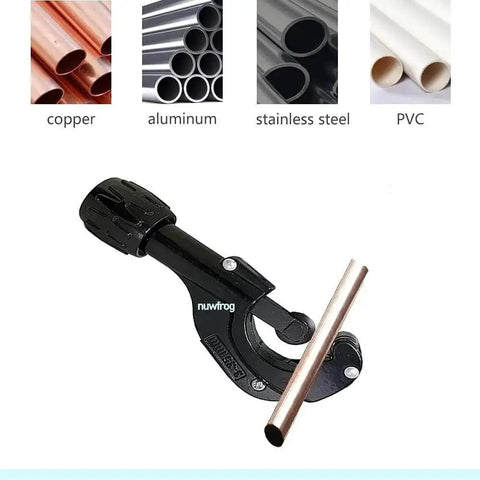 Front view of versatile tubing and pipe cutter for copper brass PVC thin stainless steel and aluminum from one eighth inch to one and three eighths inch outer diameter with an extra blade and reamer lightweight alloy steel for clean precise cuts in plumbing and DIY, shown cutting copper tube.