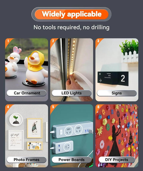 Applications of Heavy Duty Double Sided Tape for car ornaments, LED lights, signs, photo frames, power boards, and DIY projects.