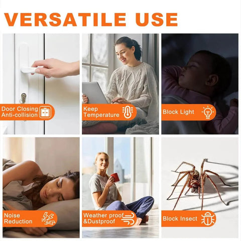 Collage showing versatile uses of Black Rubber Weather Stripping Door Seal Strip, including noise reduction, temperature retention, and insect blocking.