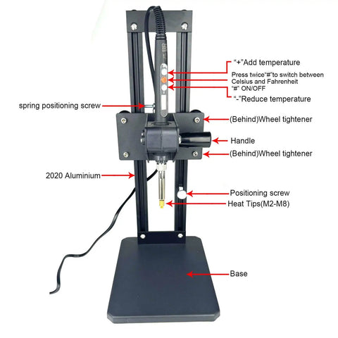 Vertical Heat Press Insert Tool With 210mm Insertion Height Heat Set Tips For M2 To M8 and Brass Knurled Nuts, aluminum frame