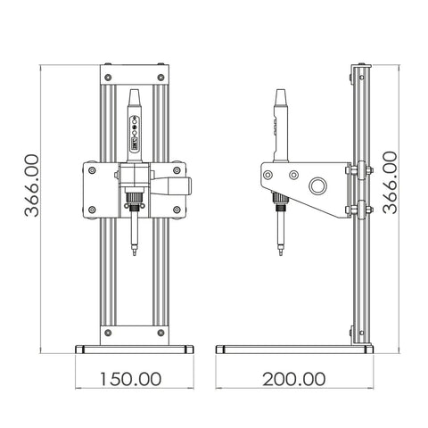 Technical drawing of Vertical Heat Press Insert Tool with 210mm insertion height and 366mm frame, side and front views.