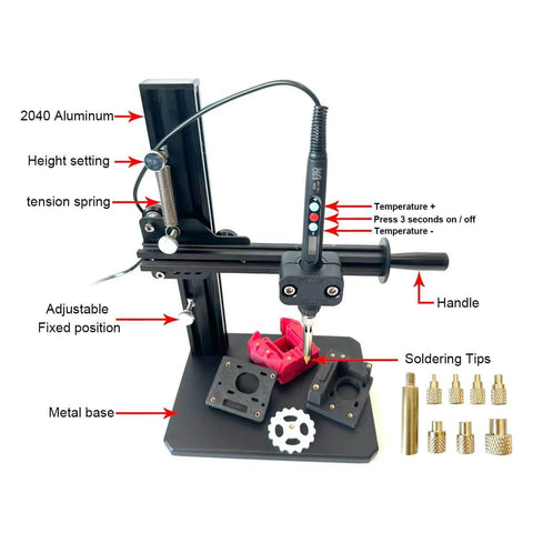 Vertical Heat Pressing Machine with Heat Set Insert Tool on metal base and 2040 aluminum profile, showing soldering tips and brass inserts.