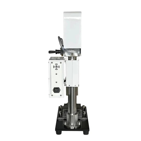 Side view of vertical injection molding machine for laboratory use with compact pneumatic handle and precise temperature control.