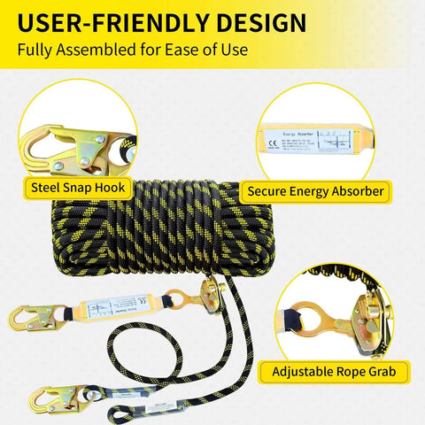 Pro Grade 50Ft Vertical Lifeline Kit For Fall Protection With Rope Grab Heavy Duty Safety Rope Steel Snap Hooks And Shock Absorber