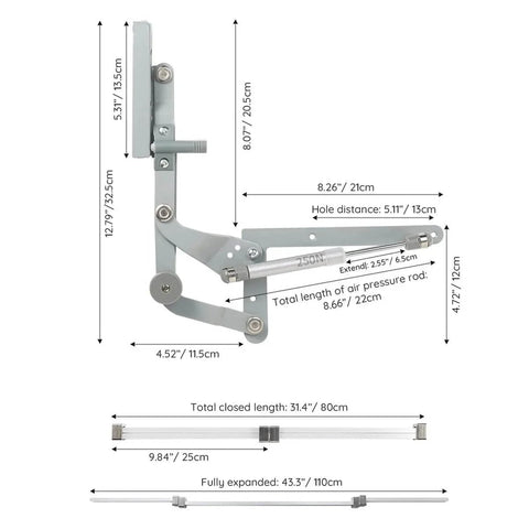 Technical diagram of Door Hinges Set, Vertical Swing Lift Up Stay Pneumatic Arm Kitchen Mechanism Hinges with measurements.