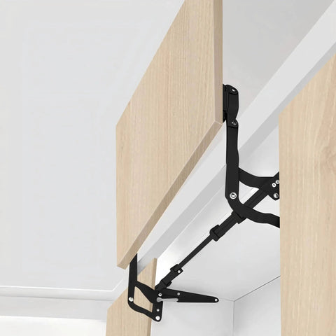 2PCS Vertical Lift Hinge installed on cabinet, matte black, for cabinet width 19.69-35.43", vertical swing lift pneumatic arm, silent closing