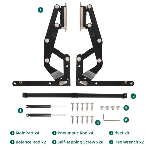 2PCS Vertical Lift Hinge set with labeled components including pneumatic rods, balance rods, screws, and hex wrenches, matte black finish.