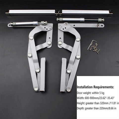 Vertical Swing Lift Up Stay Pneumatic for Cabinet Door - Durable Silent Folding Hardware, Silver shown with installation requirements.