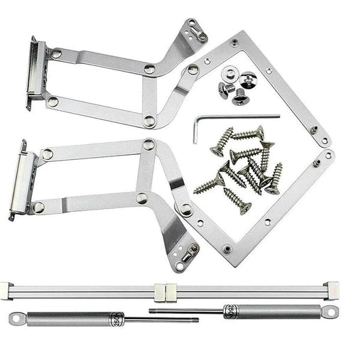 Vertical Swing Lift Up Stay Pneumatic for Cabinet Door hardware set including silver hinges, screws, and pneumatic arm mechanism
