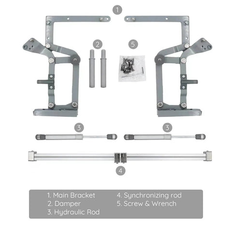 Door Hinges Set, Vertical Swing Lift Up Stay Pneumatic Arm components, labeled parts for cabinet installation, with screws and wrench