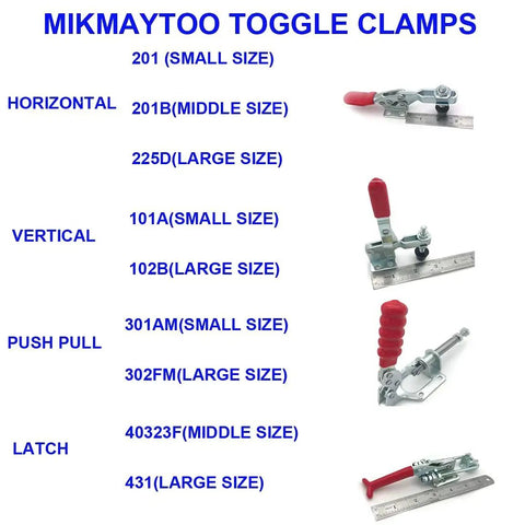 Various sizes of Mikmaytoo toggle clamps including vertical, horizontal, push pull, and latch types with red grips.