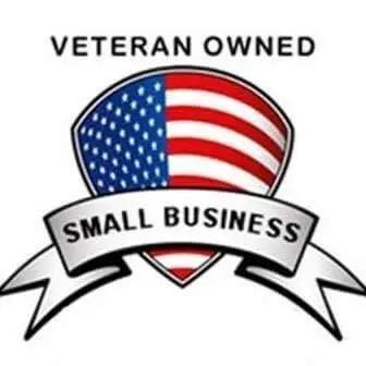 Veteran owned small business badge with American flag shield and ribbon.