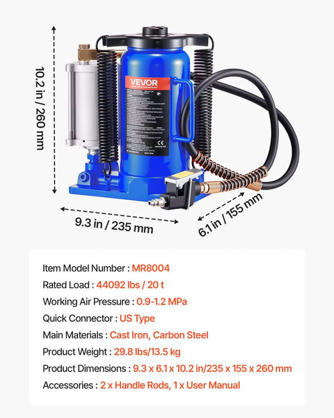 Heavy Duty 20 Ton Bottle Jack With Pneumatic Or Manual Lift For Cars SUVs Trucks And RVs, 10.2 To 19.5 Inch Lifting Range