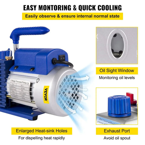 3CFM 1/4HP Single Stage Air Vacuum Pump Kit displaying oil sight window and exhaust port, VEVOR branding visible