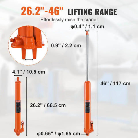 Heavy Duty 3 Ton Hydraulic Long Ram Jack For Engine Hoists And Garage Cranes With Clevis Base Slow Release Lift And Adjustable Height From 26.2 Inches To 46 Inches Ideal For Engine Lifts Farm And Shop Use VEVOR, showing lifting range and dimensions.