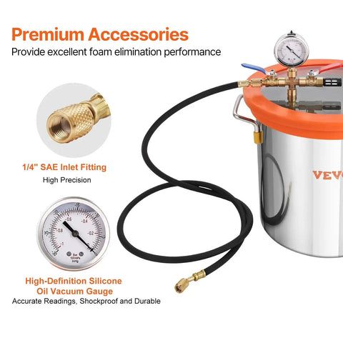 All In One 5 Gallon Vacuum Chamber Kit For Wood Stabilization And Resin Degassing With A 3.5 CFM Single Stage Vacuum Pump 40 Micron Vacuum And Tempered Glass Lid Pure Copper Motor Check Valve Diy Friendly Setup For Woodworking Hobbyists By VEVOR with premium accessories featuring silicone oil vacuum gauge and SAE inlet fitting
