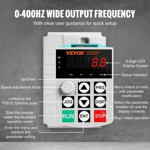 Digital control panel of 10HP, 7.5KW, 34A, 1 Phase 220V-240V Input to 3 Phase 220V-240V Output Variable Frequency Drive, 0-400Hz VFD for AC Motor Speed Control.