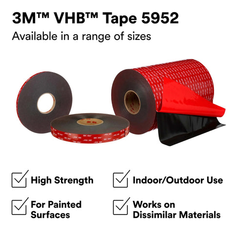 3M VHB Tape rolls in various sizes with high strength for dissimilar materials and painted surfaces, indoor and outdoor use.