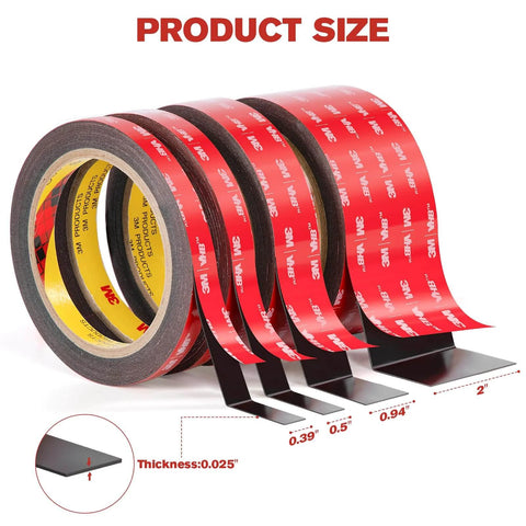 Heavy Duty Double Sided Mounting Tape 0.39 Inch VHB 5925 Waterproof Adhesive rolls showing thickness and red adhesive surface.