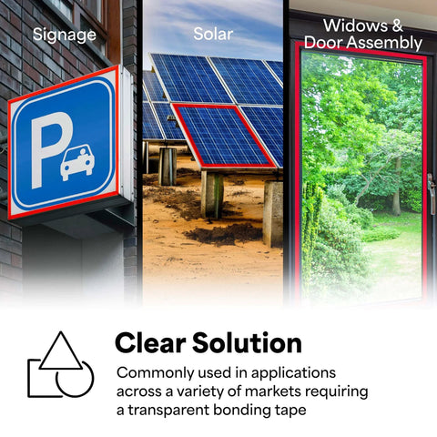 Signage, solar panel, and window door assembly demonstrating uses for Clear VHB Heavy Duty Mounting Tape Circles 1 Inch Diameter Pack Of 5 Double Sided Permanent Adhesive High Strength Long Lasting Bond For Transparent Surfaces No Drilling Needed Nearly Invisible Fastening.