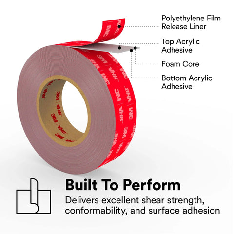 VHB Tape 4991 Heavy Duty Double Sided Acrylic Foam Tape For Permanent Bond, 3/8 Inch By 5 Yards, Gray, UV Resistant, Diagram View