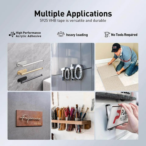 Collage showcasing uses of 3M 4950 Heavy Duty Double Sided Foam Mounting Tape White Waterproof Adhesive for various applications.